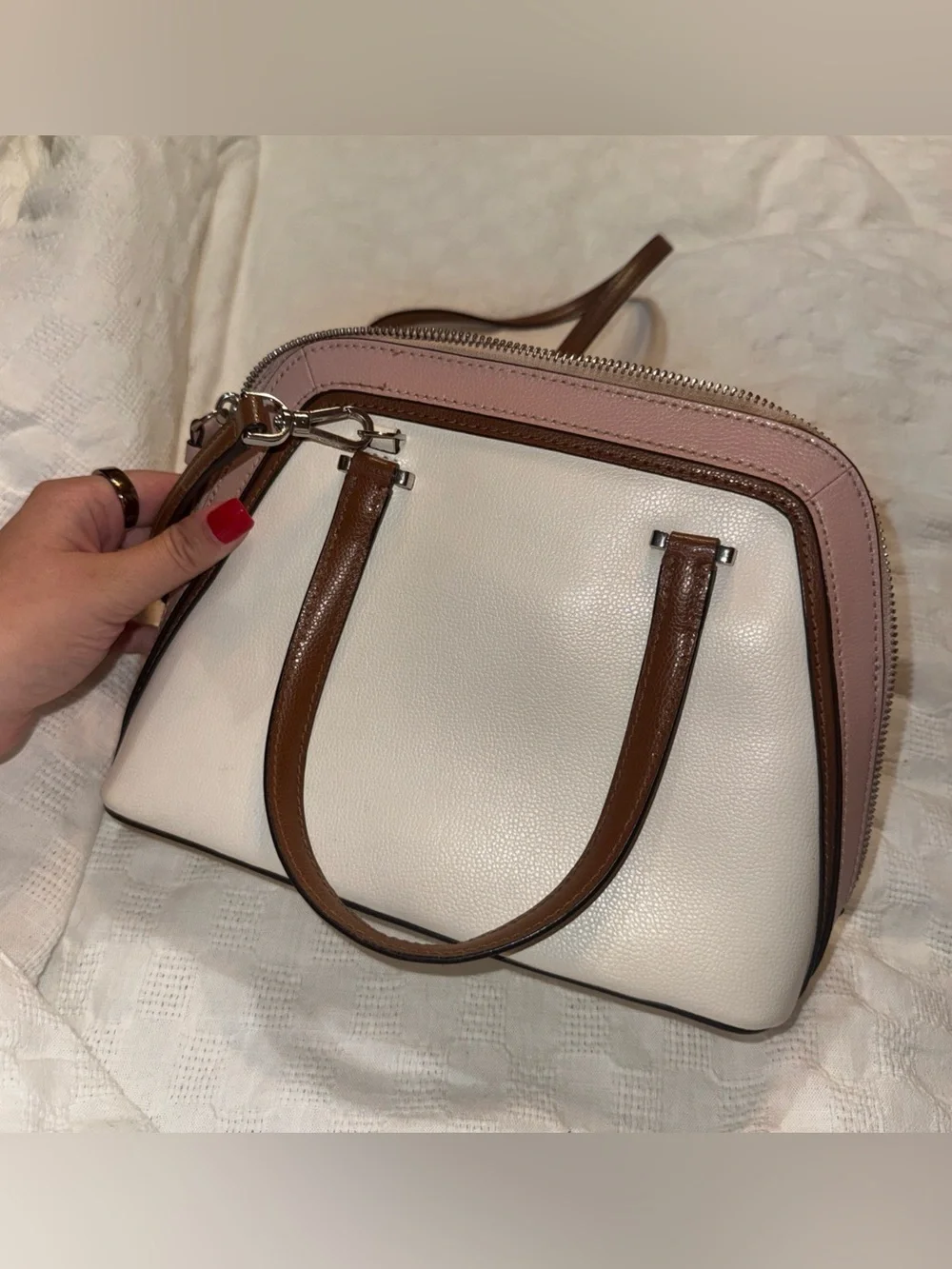 kate spade Pink and White Leather Dome purse with adjustable cross body strap